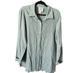 Country Wear Collection Linen Top Women M Floral embroidery  Blouse‎ Shirt Sage